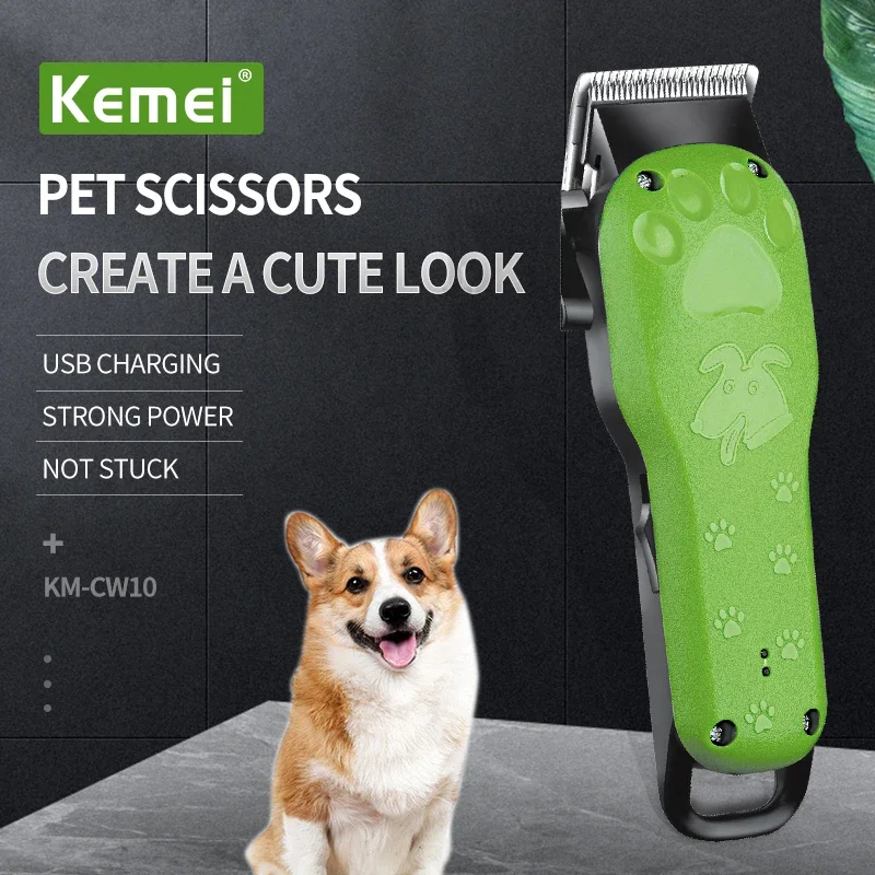 Kemei-km-cw10 pet cabelo clipper, carregamento USB, desenhos animados, verde, grooming, cão, profissional