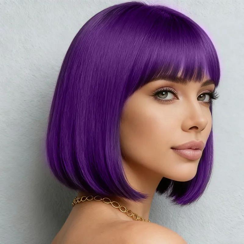 12 inch purple wig with bangs design, made of high-temperature fiber synthetic material, suitable for daily cosplay wear image 4