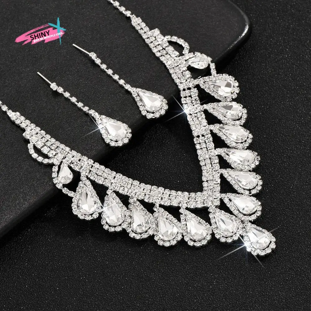

Bridal Shining Crystal Jewelry Set Rhinestone Water Drop Earrings Luxury Exquisite Necklace Banquet