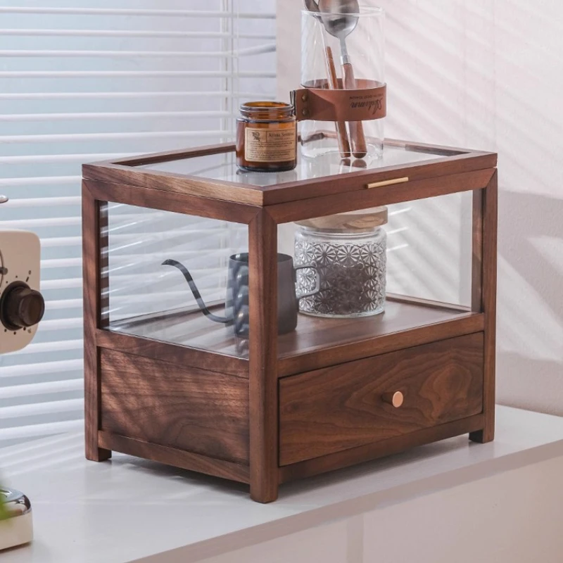 North American Walnut Tea Storage Box, Solid Wood Organizer with Tempered Glass Lid, Large Capacity Display Cabinet