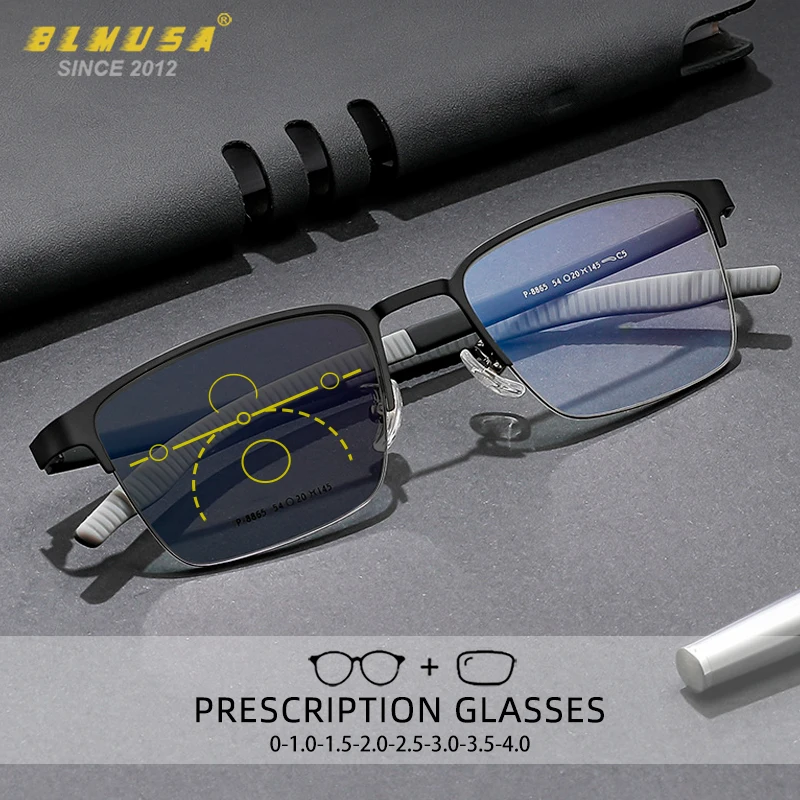 

BLMUSA Luxury Ultralight Reading Glasses Anti Blue Light Multifocal Half-Frame Glasses Progressive Photochromic Glasses for Men