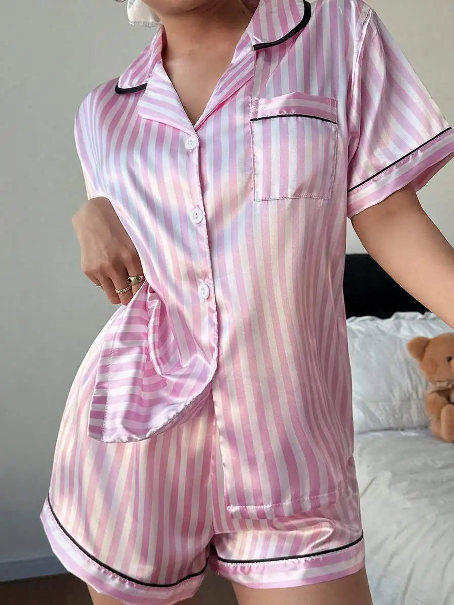 

Womens Satin Striped Pajama Set Short Sleeve Button-Up Top And Shorts