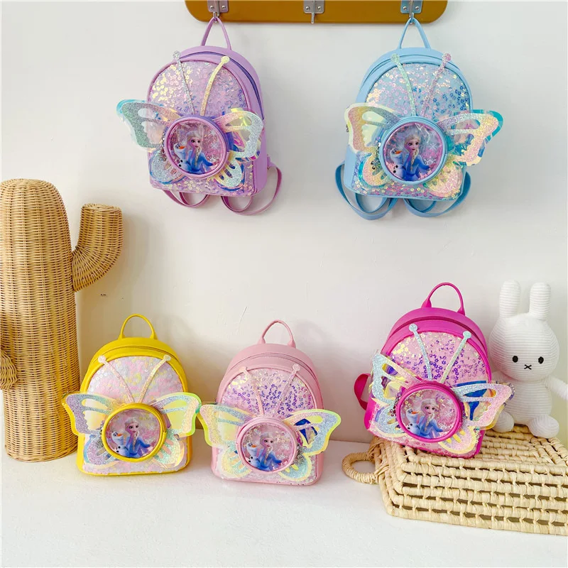 Disney Sequins Frozen Elsa Anna Backpack Fashion Glitter School Book Bag Girls Kawaii PU Leather Travel Backpack Christmas Gifts