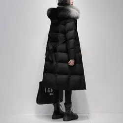 Black Luxury Fox fur collar Down Jacket 2025 Winter New Women's 90white duck down Thick Coats Female Hooded Parka Long Overcoat