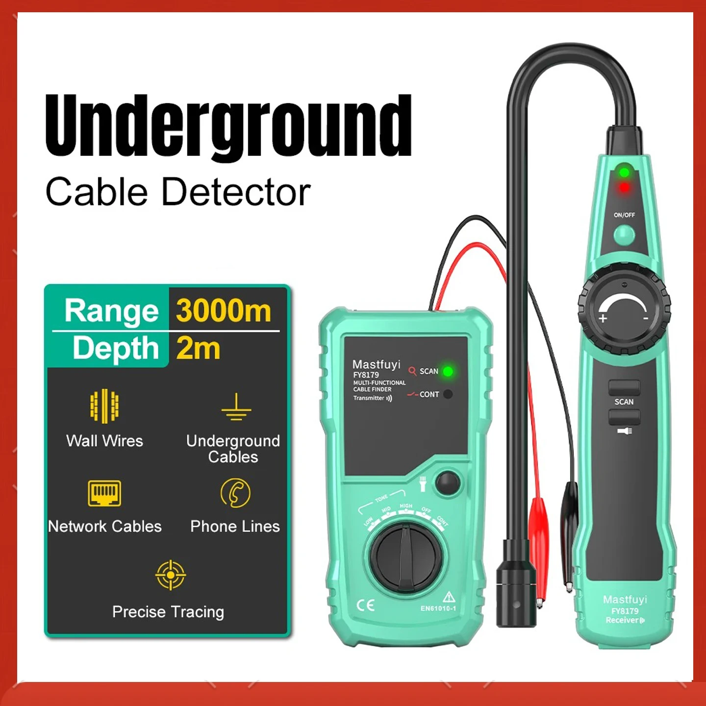 MASTFUYI Professional Underground Cable Detector Network Cable Telephone Cable Concealed Wire Locator Depth 2m Range 3000m