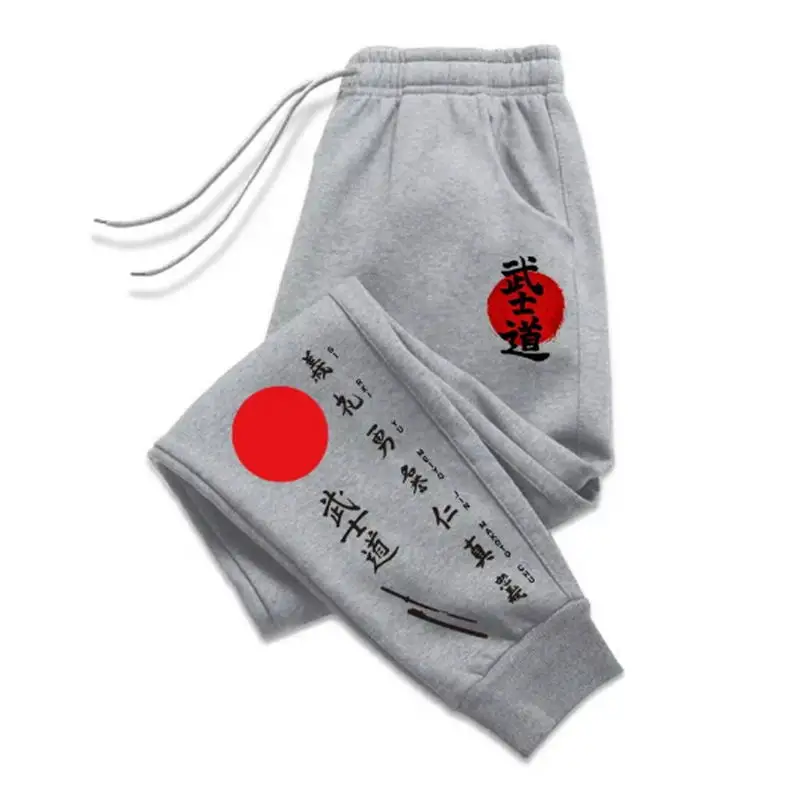 Men Bushido Samurai Joggers, Japanese Seven Virtues Print Sweatpants, Drawstring Casual Streetwear Trousers