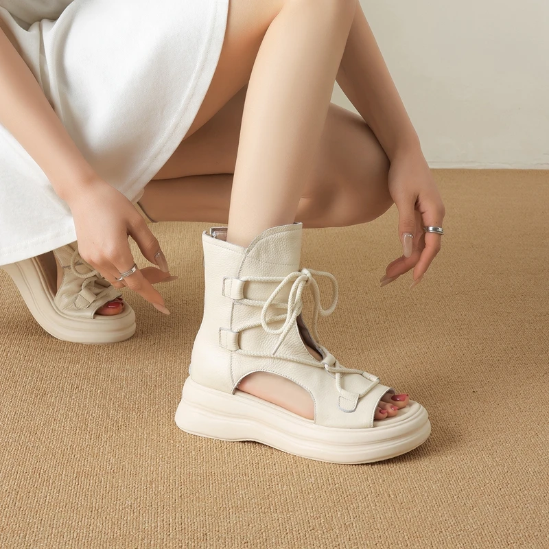 

Women's new summer leather cowhide lightweight thick soled high-heeled round toe exposed toe tie and calf cool boots short boots