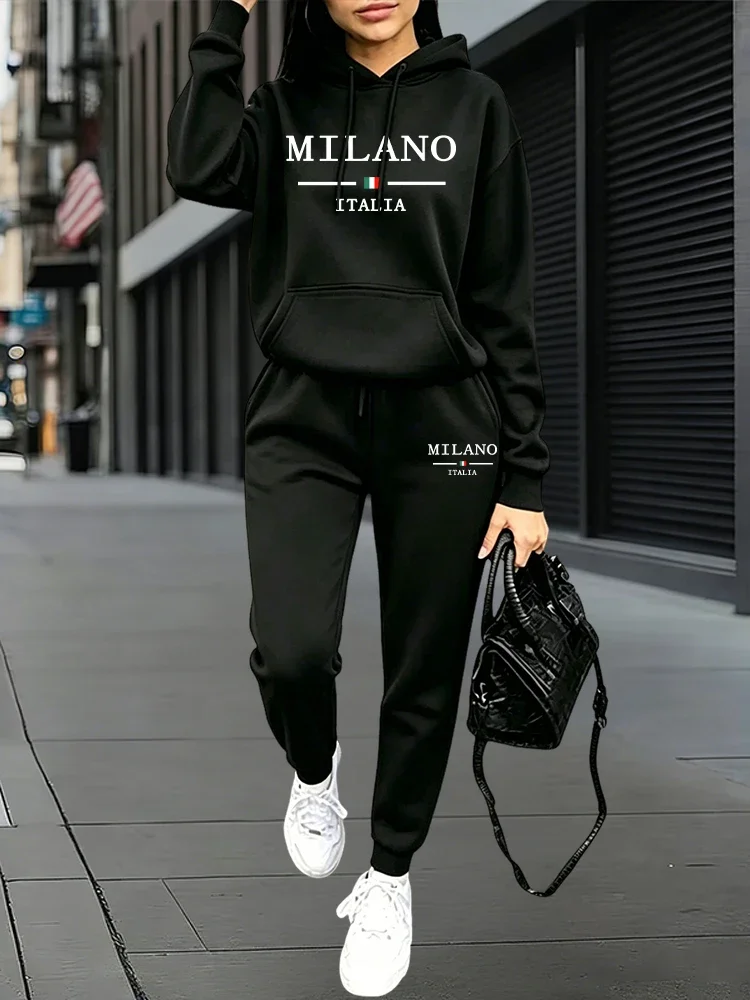 Womens Outfits Printing Casual Hooded Sweatshirts Outdoors Sports Jogging Woman Clothing Autumn Winter Fashion Street Sweatpants