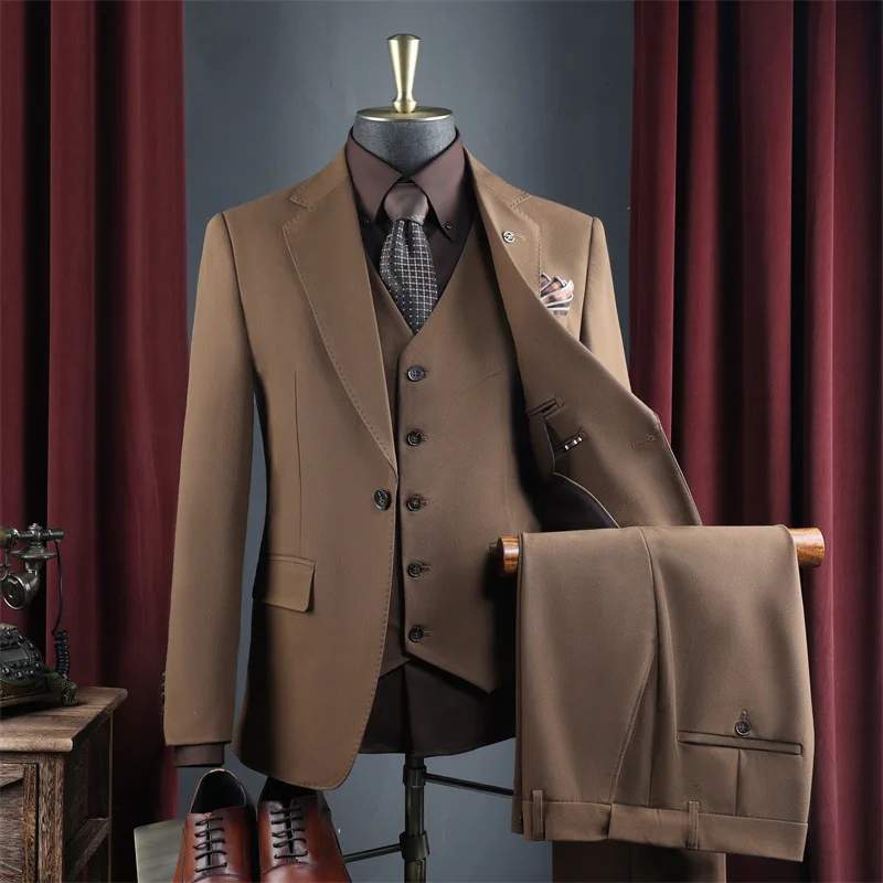 

KIDWHXR Suit Set Men Spring Turn Down Collar Blazer Male V-neck Vest Straight-leg Pant Man Solid Oclor Slim Three-piece Outfit