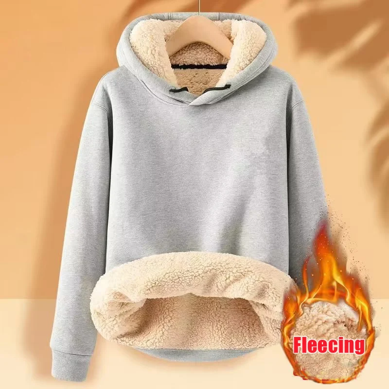 Fleece Sweatshirt Thickened Lamb Plush Hooded Pullover Casual Solid Sports Top Long Sleeve Woman New In Clothing Winter Loose