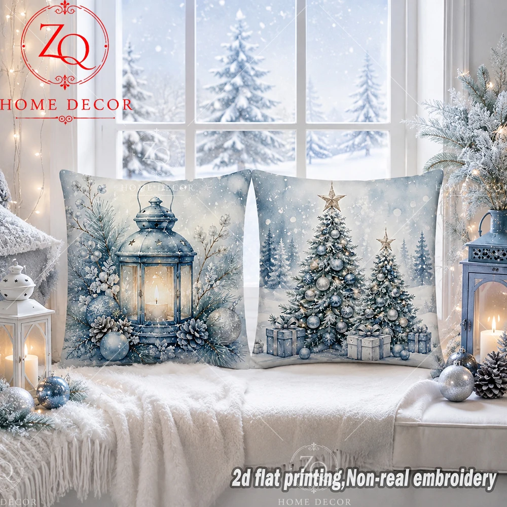 Winter Christmas Throw Pillow Covers Blue Watercolor Xmas Tree Lantern Pillowcases Soft   Cushion Cases For Sofa Bedroom