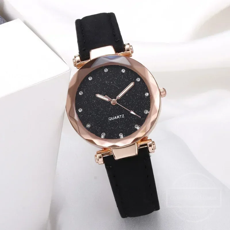 Round Face Rhinestone Star Sky Silver Pink Women for Watch Leisure Fashion Trend Frosted Belt Vintage Black Quartz Wristwatch