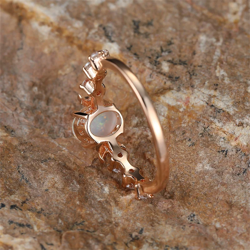 Rainbow White Fire Opal Ring Silver Rose Gold Color Small Moon Rings For Women Wedding Bands Oval Stone Engagement Ring Jewelry