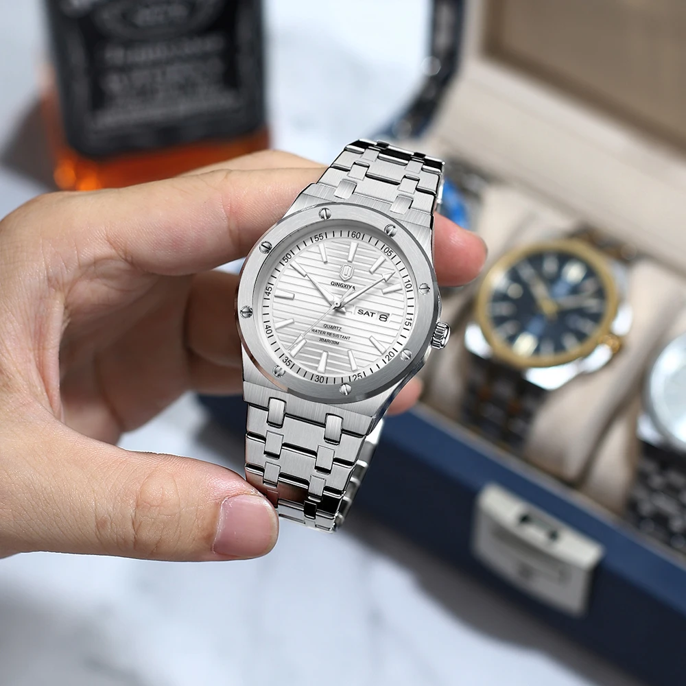 QINGXIYA marque de luxe classique à la mode montre à Quartz pour hommes étanche en acier inoxydable montre-bracelet lumineux semaine Date montre cadeau