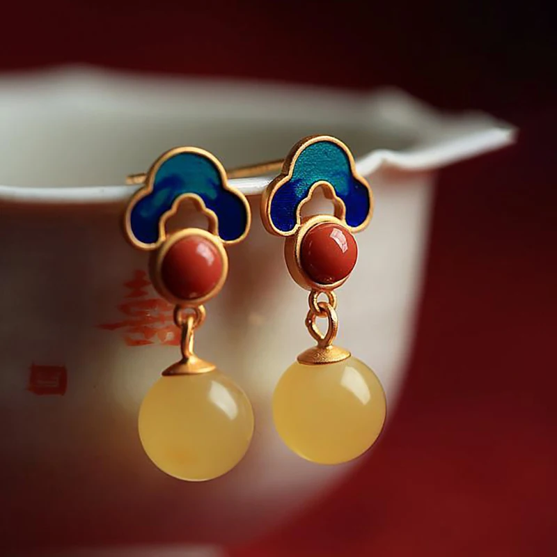 New design ancient gold craftsmanship inlaid natural yellow round chalcedony high sense ladies attending party silver jewelry