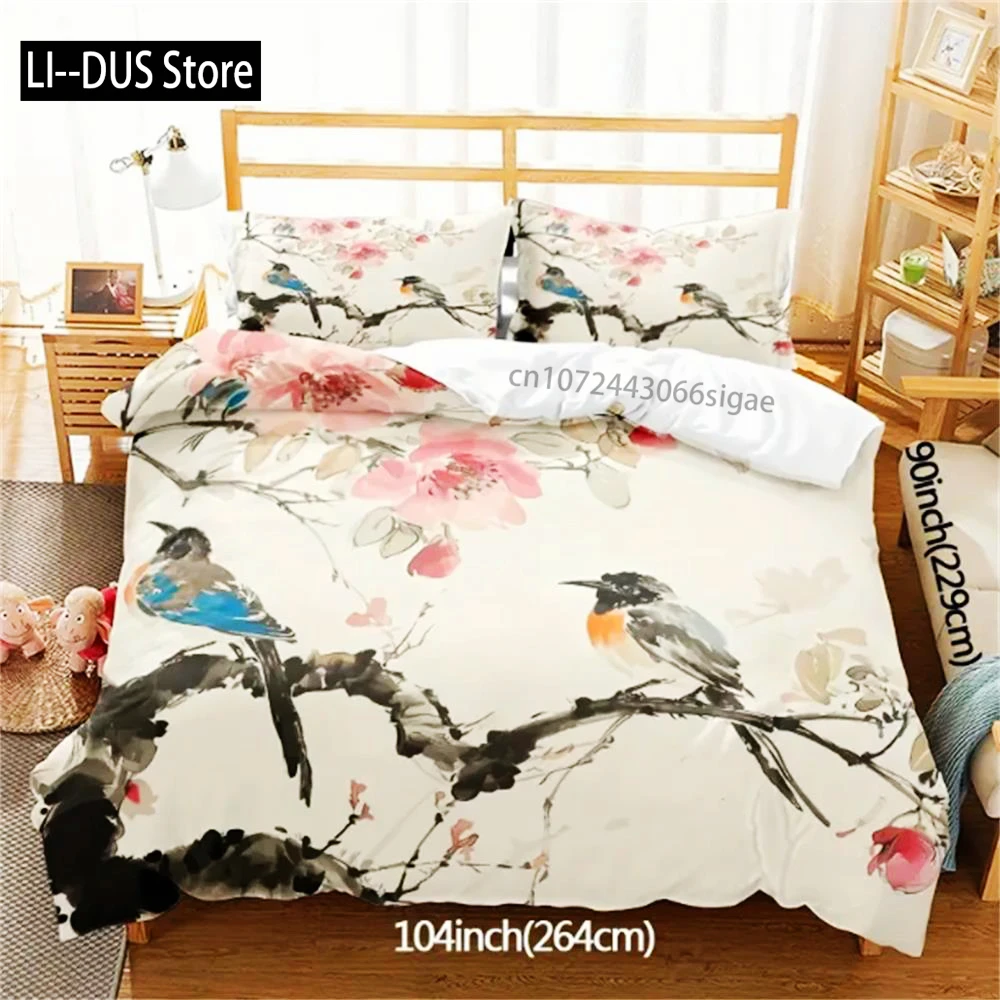 3pcs Polyester Duvet Cover Set (1*Duvet Cover + 2*Pillowcase, Without Core), Chinese Style Ink Painting Floral Bird Printed All