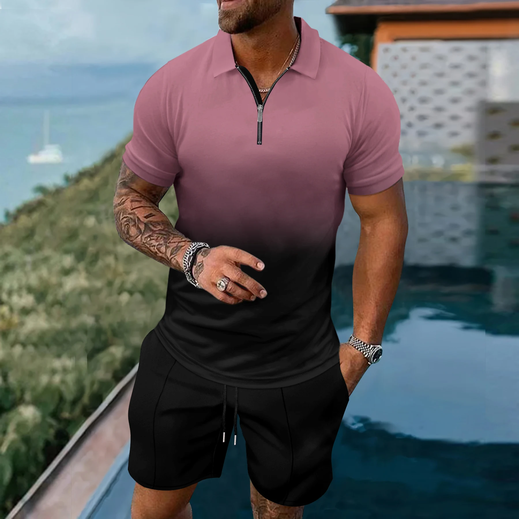 2024 Sommer neue 3D-Druck Farbverlauf Farbe Herren Polos hirt Kurzarm Shorts lässig Revers Set Sommer Mode 2 Stück Set