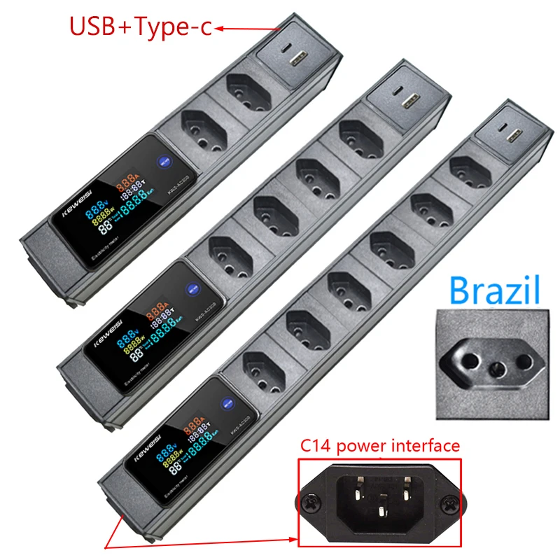 Power Strip 2/3/4/5/6/7/8/9/10 Brazilian Socket USB+Type-C Digital Ampermeter Voltmeter Ammeter Power Energy C14 interface