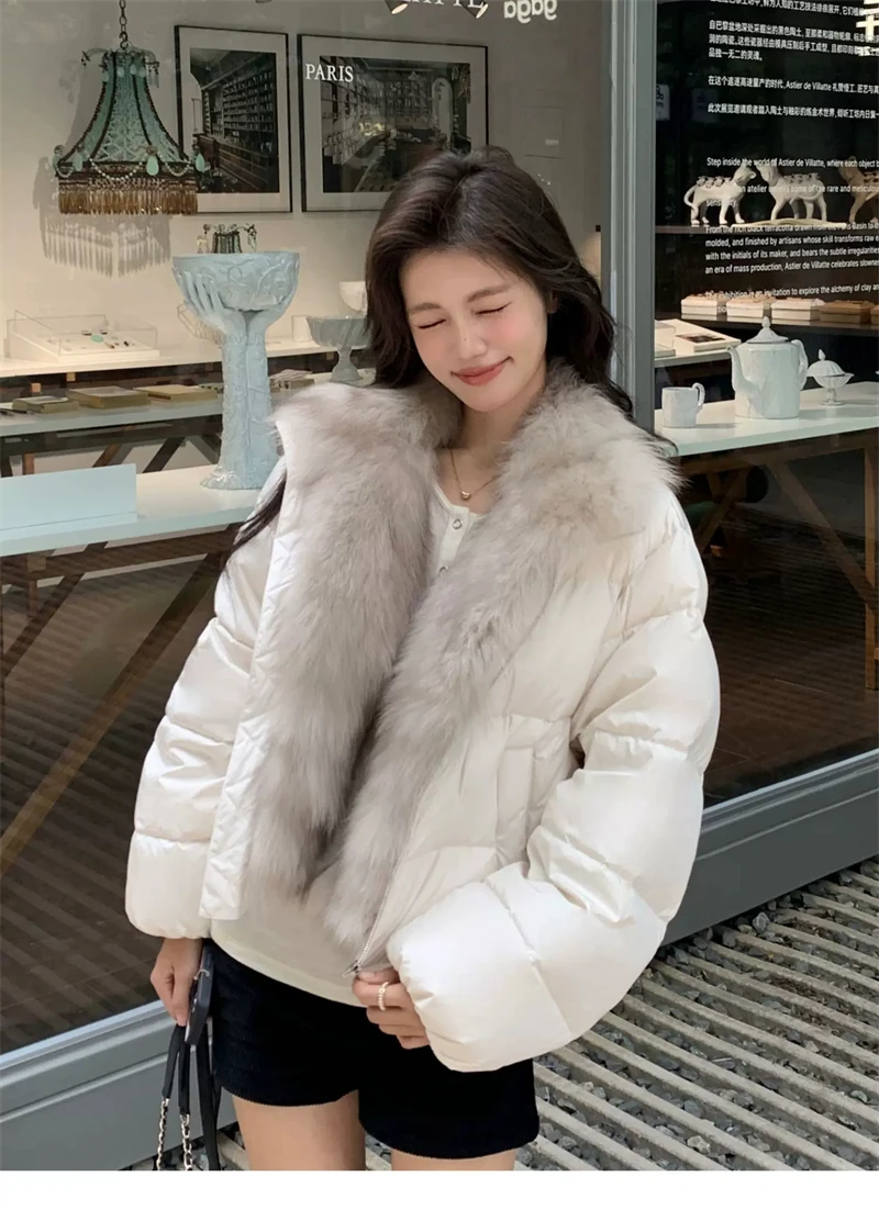 ZAROY Women's Winter Jacket Luxury Fox Fur Collar Puffy Thicken Warm Cotton Short Coat High Street Fashion Outwear Parkas куртка