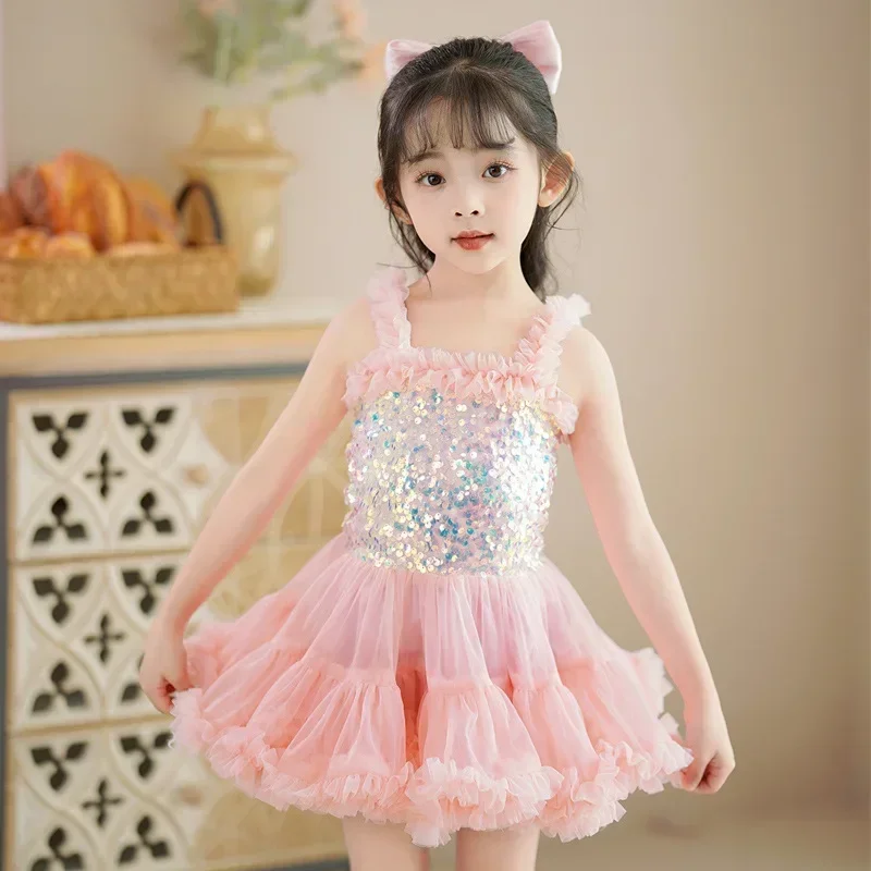 Summer Kids Girls Dress Lace Mesh Sleeveless Girls Sequin Dress Fashion Children Girls Party Dress 1-7 Years