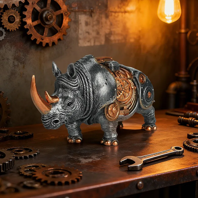 In Stock Punk Mechanical Rhino Resin Ornament Industrial Retro Bold Desk Model For Study Living Room Creative Home Decoration