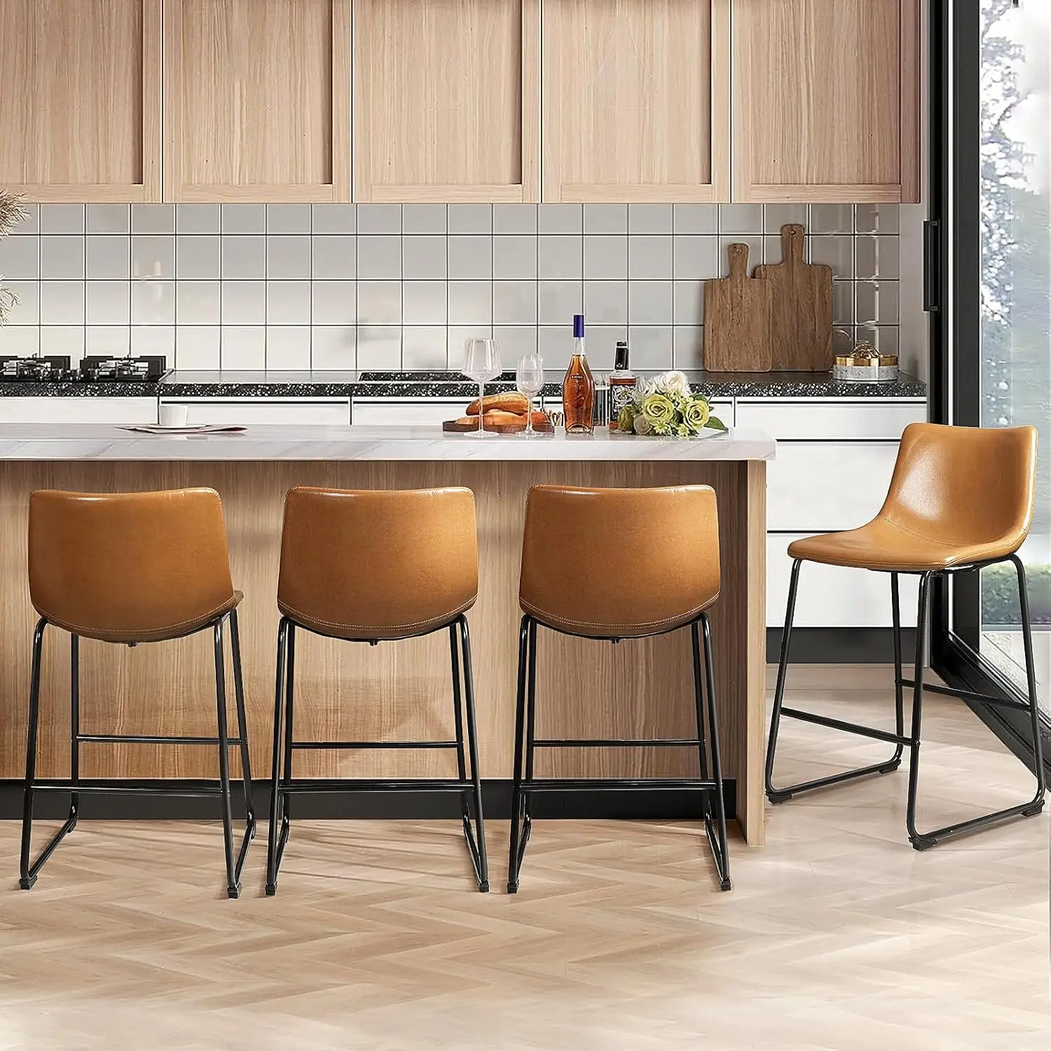 26' Counter Height Bar Stools Set of 4, Modern PU Leather with Metal Legs & Footrest (Whisky)