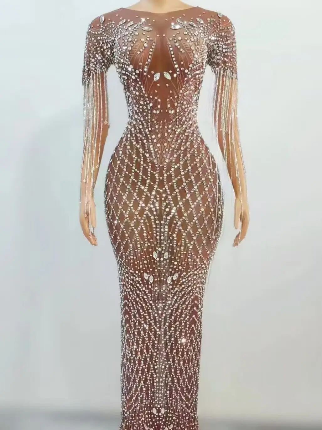 Vestido elástico de malla marrón transparente con flecos de diamantes de imitación plateados, traje Sexy para celebración de cumpleaños y noche, traje de actuación