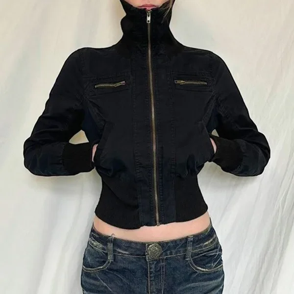 Ropa de calle negra con cremallera para mujer, novedad de invierno de 2025 con cuello alto, manga larga recortada, prendas de vestir Vintage Y2k para mujer, abrigos