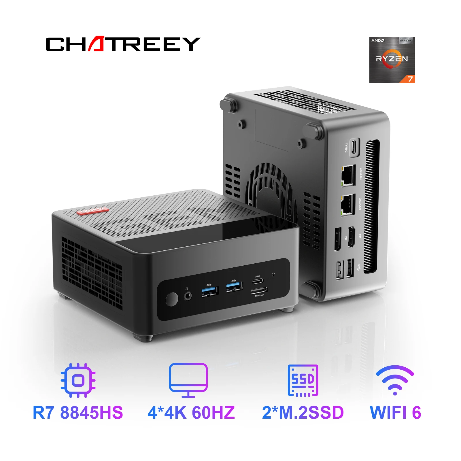 Chatreey Mini PC GEM R7 7840HS 8845HS 780M R9 6900HX 680M Gaming Desktop Computer  WiFi 6/Bluetooth 5.2/USB4.0/OCuiLink/HDMI/DP