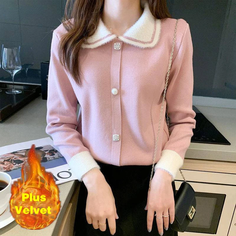 

Autumn Winter Thicken Warm Peter Pan Collar Pullover Sweater Women Korean Long Sleeves Pink Sweaters New Loose Knitted Top N517