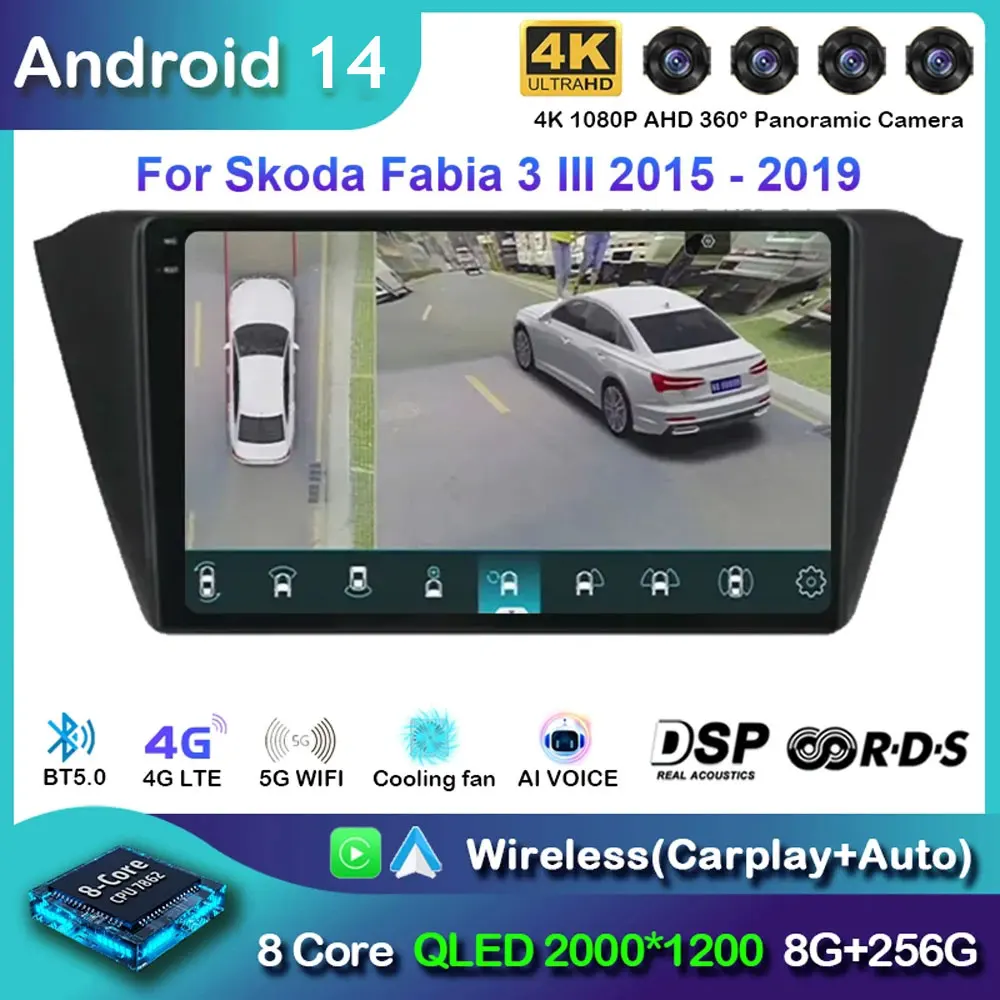 Android 14 wireless Carplay Auto Car Radio for Skoda Fabia 3 III 2014 - 2020 Navigation GPS Multimedia Player Stereo BT WIFI+4G