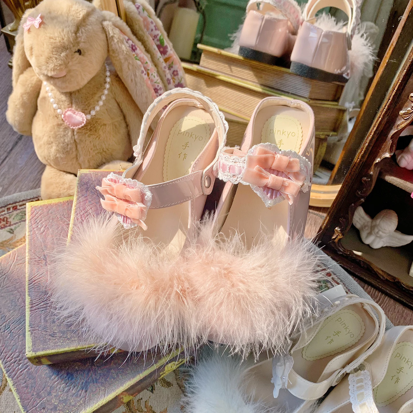Pinkyo Original Plush Bow Lace Strap Three Color Mary Jane Shoes Lolita Sweet And Gentle Princess Style Leather Shoes