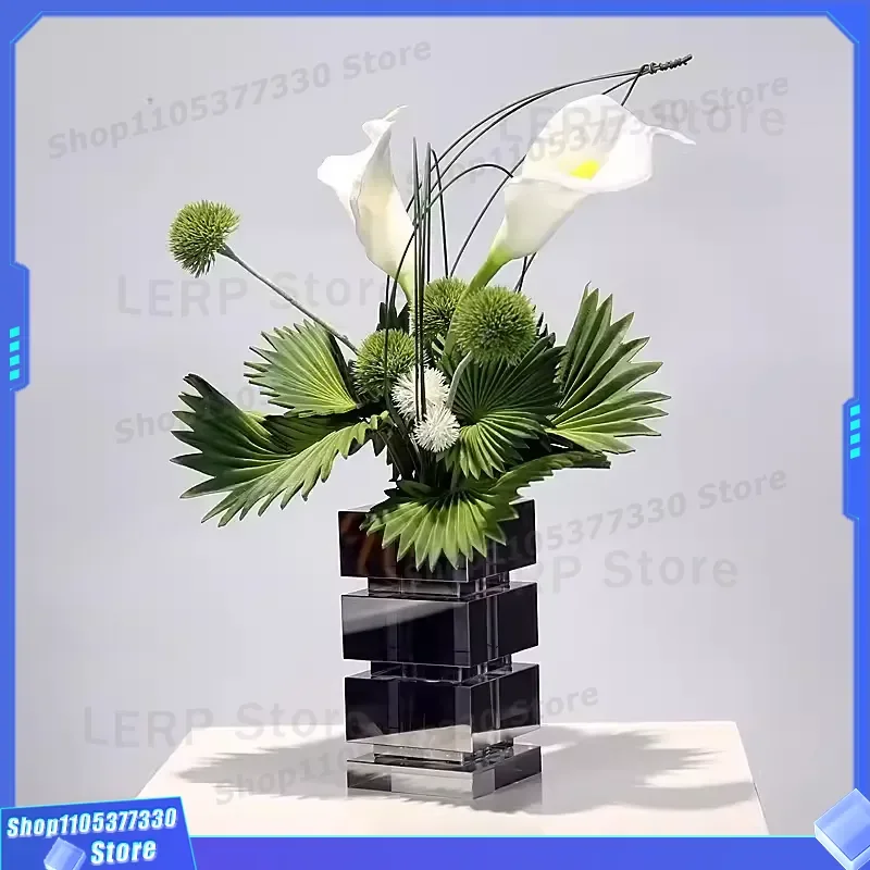 Modern Square Crystal Flower Vase Luxury Laminated Glass Floral Arrangement for Hotel Entrance Lobby Office Sales Center Soft