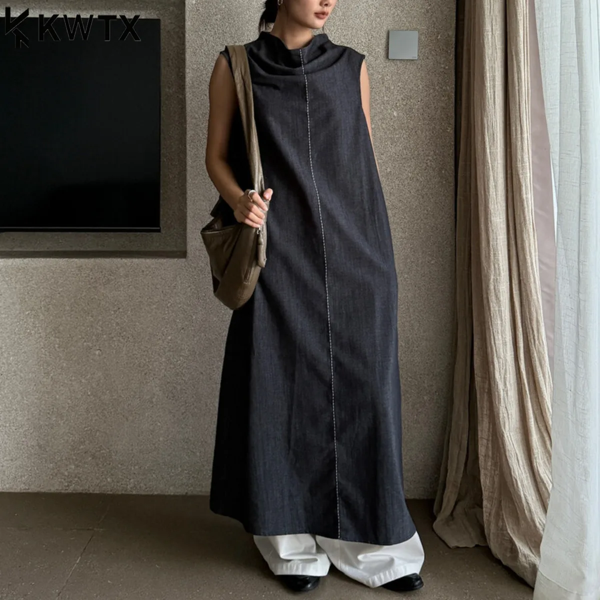 KWTX 2025 Abito lungo elegante senza maniche con spalle scoperte-Abito da salotto in chiffon dalla vestibilità ampia per le donne, abbigliamento casual di inizio autunno, Boho Chic