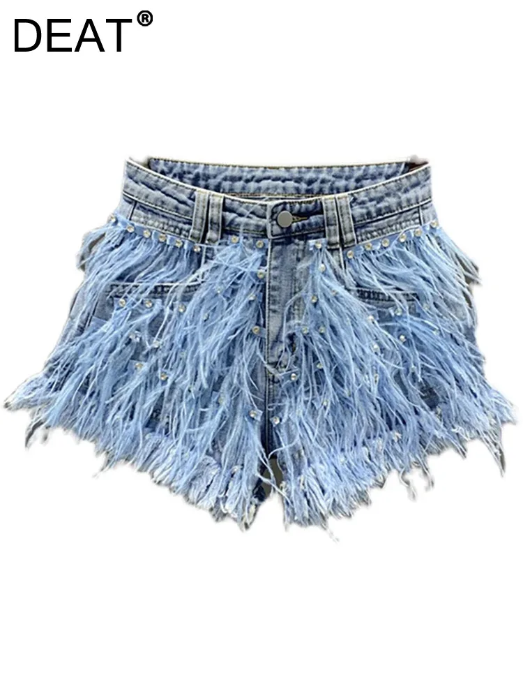 

DEAT Women's Denim Shorts Blue Feathers Crystal Long Tassel High Waist Wide Leg Short Pants 2024 Summer New Fashion 29L1573