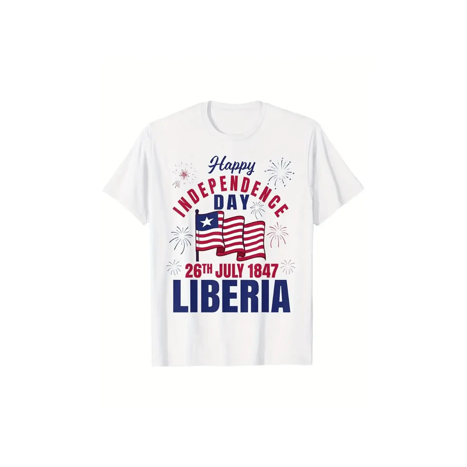 Happy Independence Day Liberia 26th July 1847 Flag Fireworks T-Shirt Unisex for Daily Wear 2026 Summer Trendy Streetwear Fashion Saint Patrick's Day Top Quality Comfortable Casual Printed T-shirt