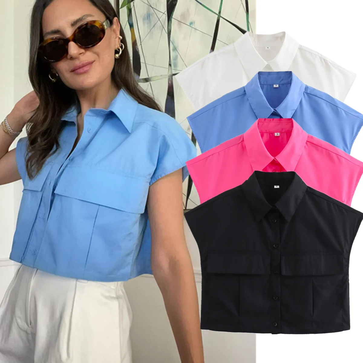 

Dave&Di Summer Shirt Women Tops Fashion Multicolor Pockets Short Shirt Blouse Women Blusas Mujer De Moda 2024