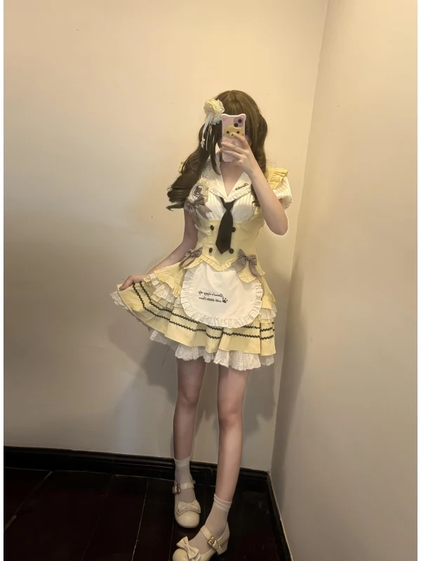 Conjunto de camiseta Sweet Lolita Bubble Sve irt Knot chaleco falda hinchada conjunto verano Faion conjunto de mujer