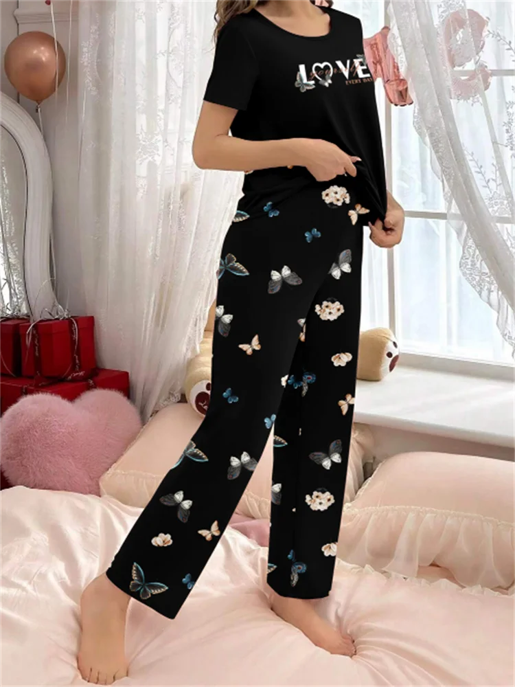 Black butterfly English letter print pajamas set short-sleeved round-neck top and elastic trousers women\'s pajamas home wear