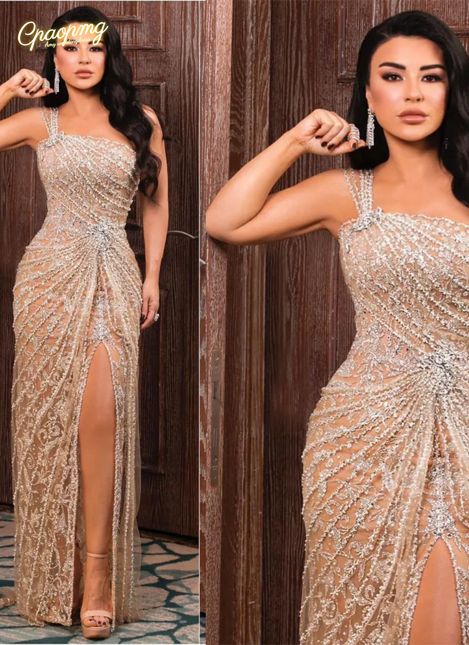 Personalizado árabe champanhe vestidos de noite um ombro sereia vestidos de baile lado split lantejoulas apliques vestidos de festa