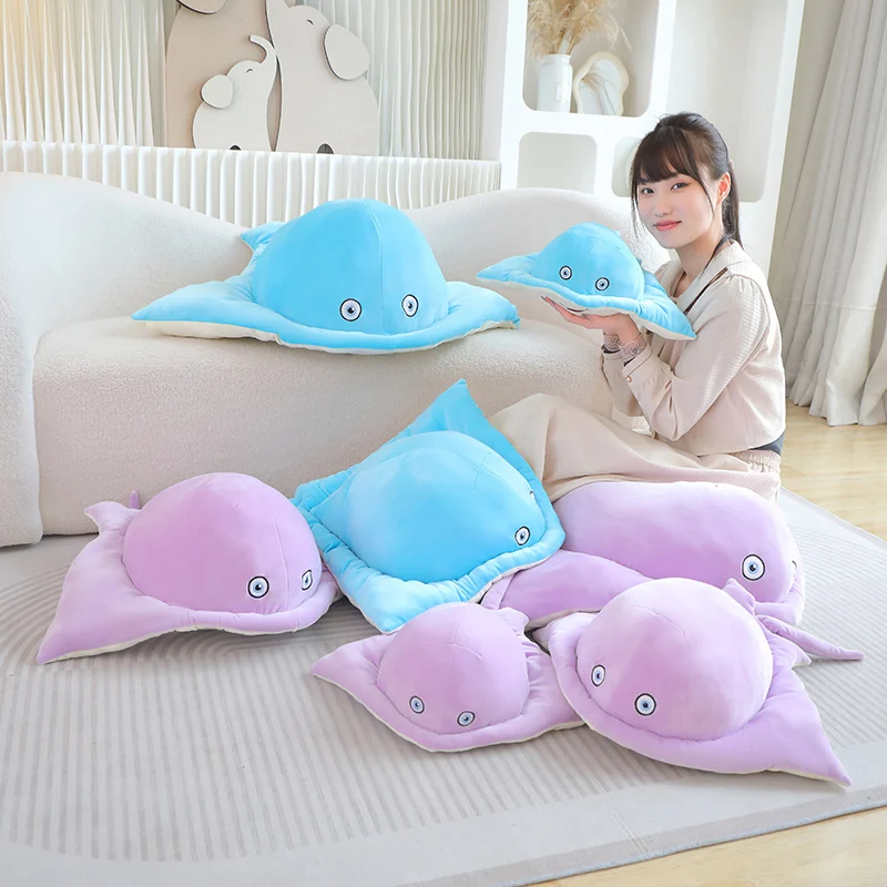 Kawaii Cartoon Ray Plush Doll Blue Purple Long Tail Manta Fish Plush Toy Pillow Soft And Comfortable Decoration Living Room