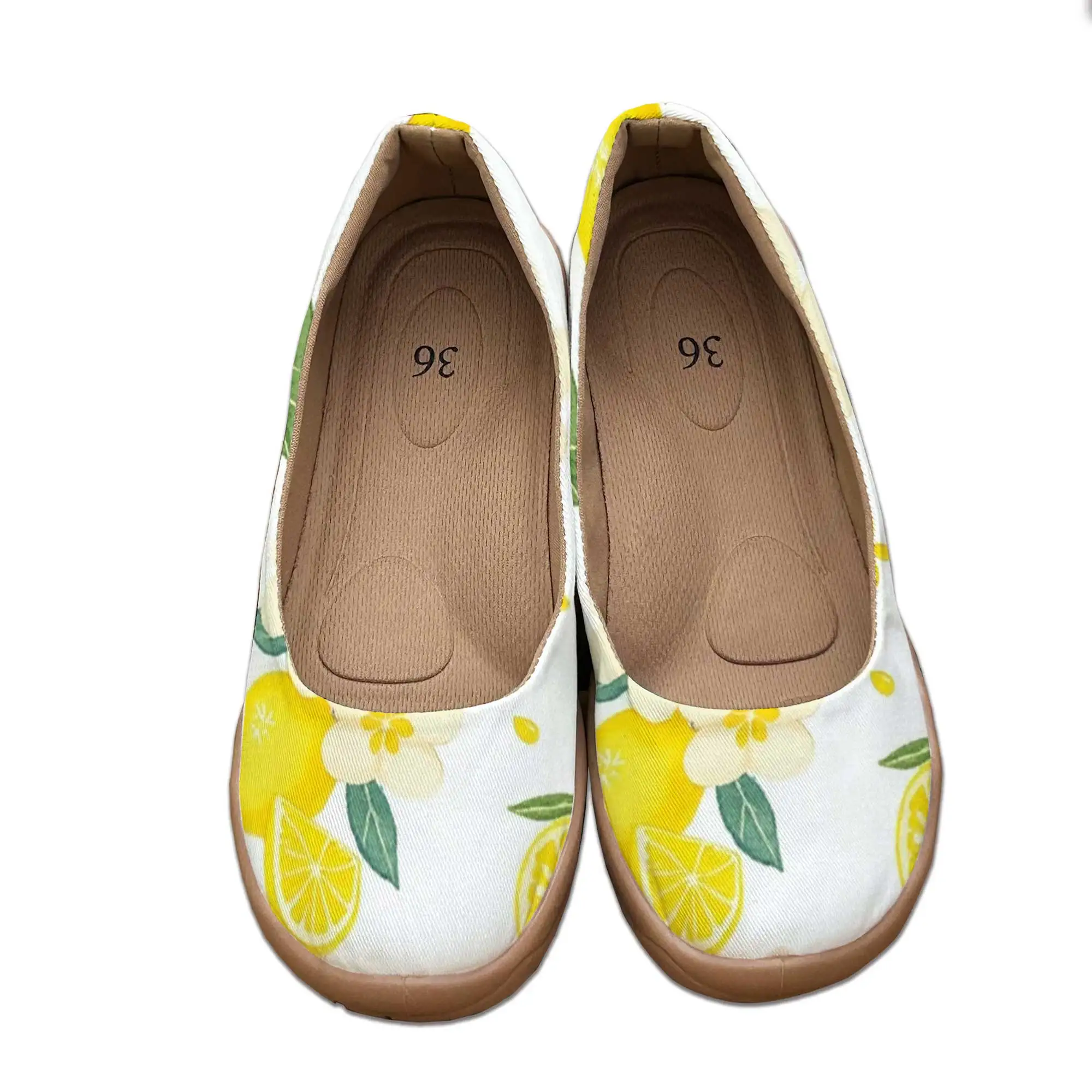 Fresh Lemon Print Wide-Fit Mom Shoes for Women, Slip-On Soft Sole Shallow Mouth Flats, Wide Toe Non-Tightening Lazy Shoes for Wide Feet
