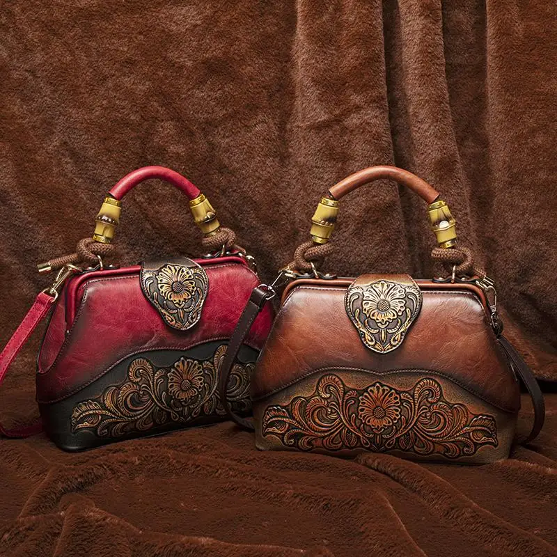 

Ретро-сумка с резьбой для женщин среднего возраста, высококачественная кожаная сумка через плечо с цветочной вышивкой, мягкая, на одно плечо