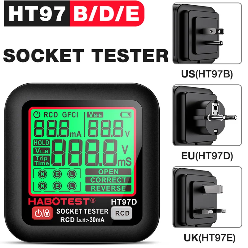 48~250V Digital Socket Tester Smart Voltage Detector EU/US/UK Plug Leakage Voltage Detection Socket Tester RCD GFCI Voltage Test