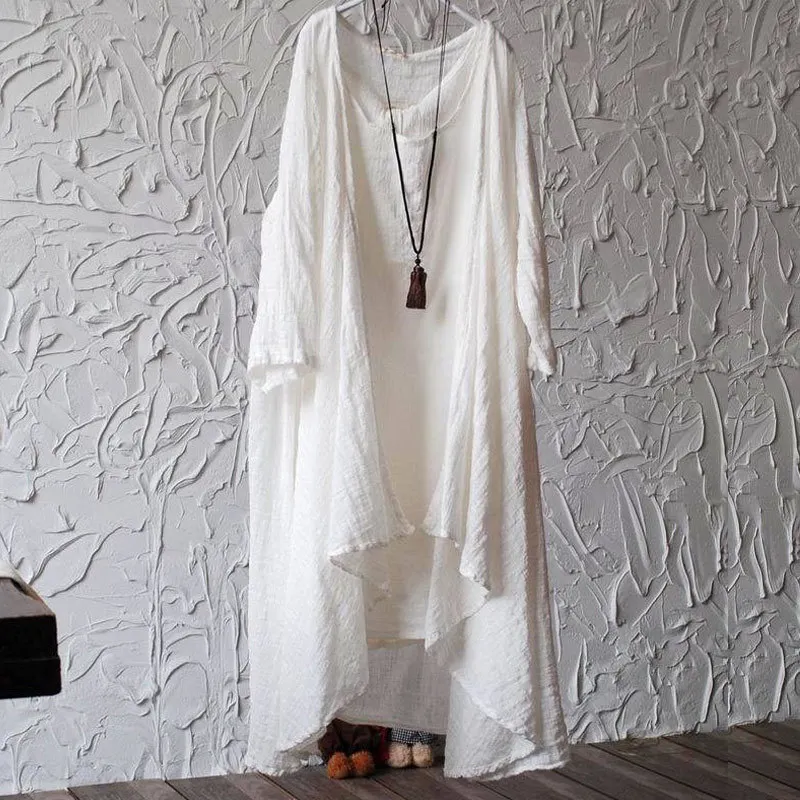 Summer Loose Cotton Linen Long Sunscreen Jacket Coat Solid Irregular Casual Open Stitch Women Vintag