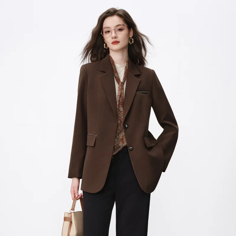 Women's High-End Coffee-Colored Loose-Fit Blazer – New Autumn/Winter 2026 Collection, Two-Button Women's Suit Jacket