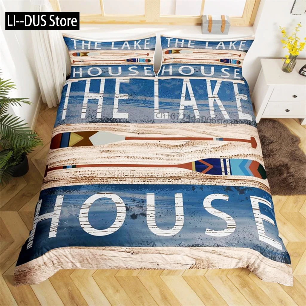 

Duvet Cover Paddle Set Rustic Bedding Set Polyester Lake House Wooden Stripe Comforter Cover Nautical Lake Quilt Cover Bedroom
