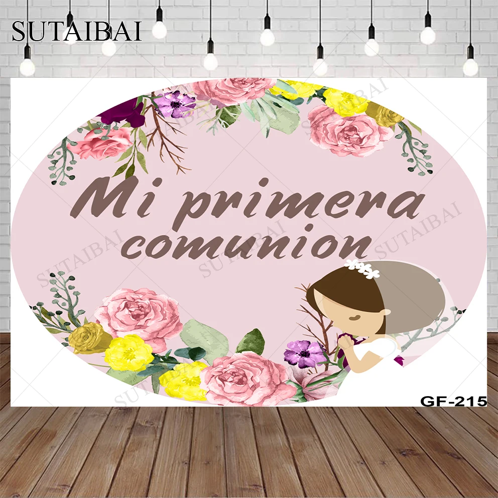 First Holy Communion Pink Background A Girlr In A Wedding Dress Circular Mi Primera Comunion Bible Flower Photography Background