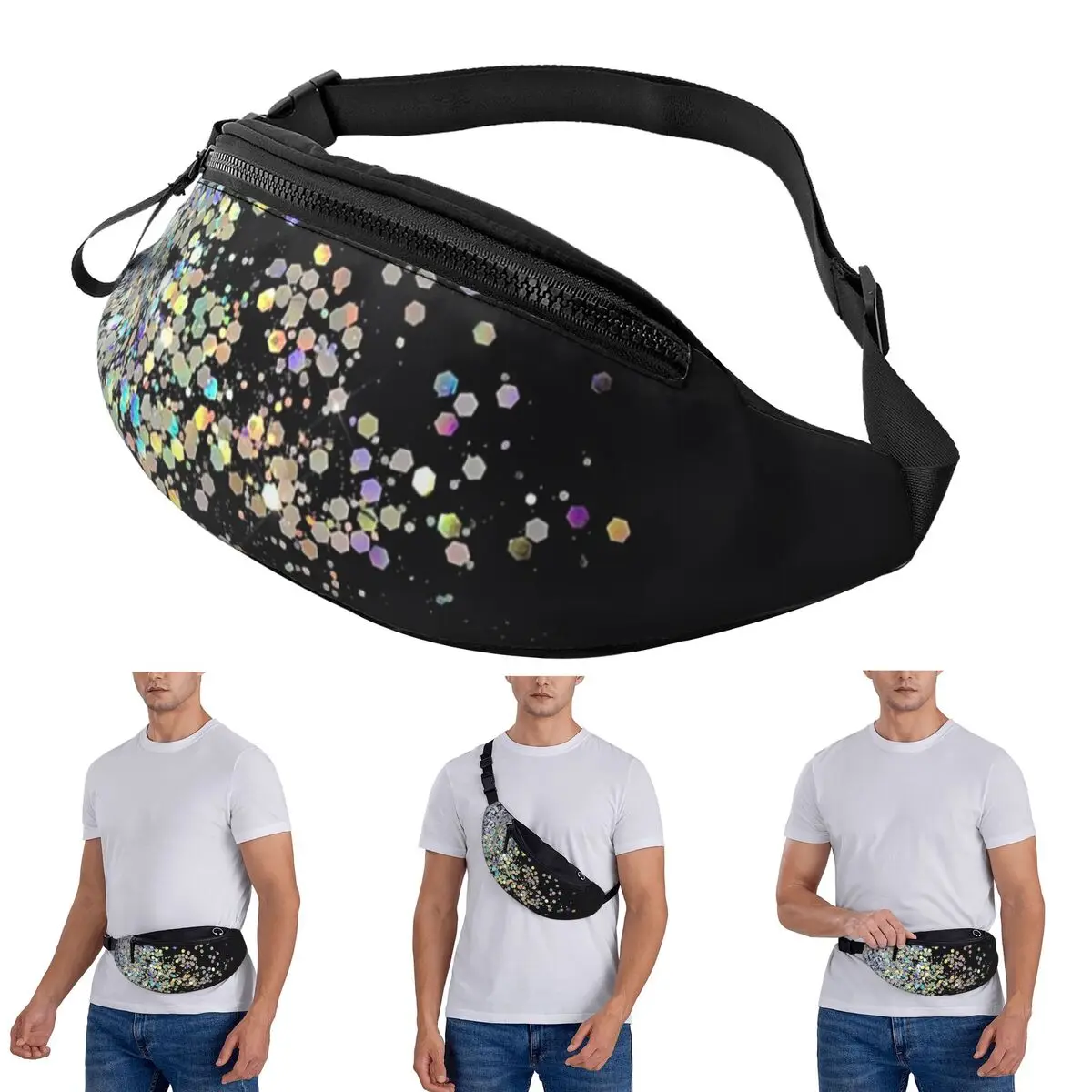 Crossbody Waist Bag Black And Holographic Sparkle Men Women Fanny Pack Travel Running Money Phone Pouch