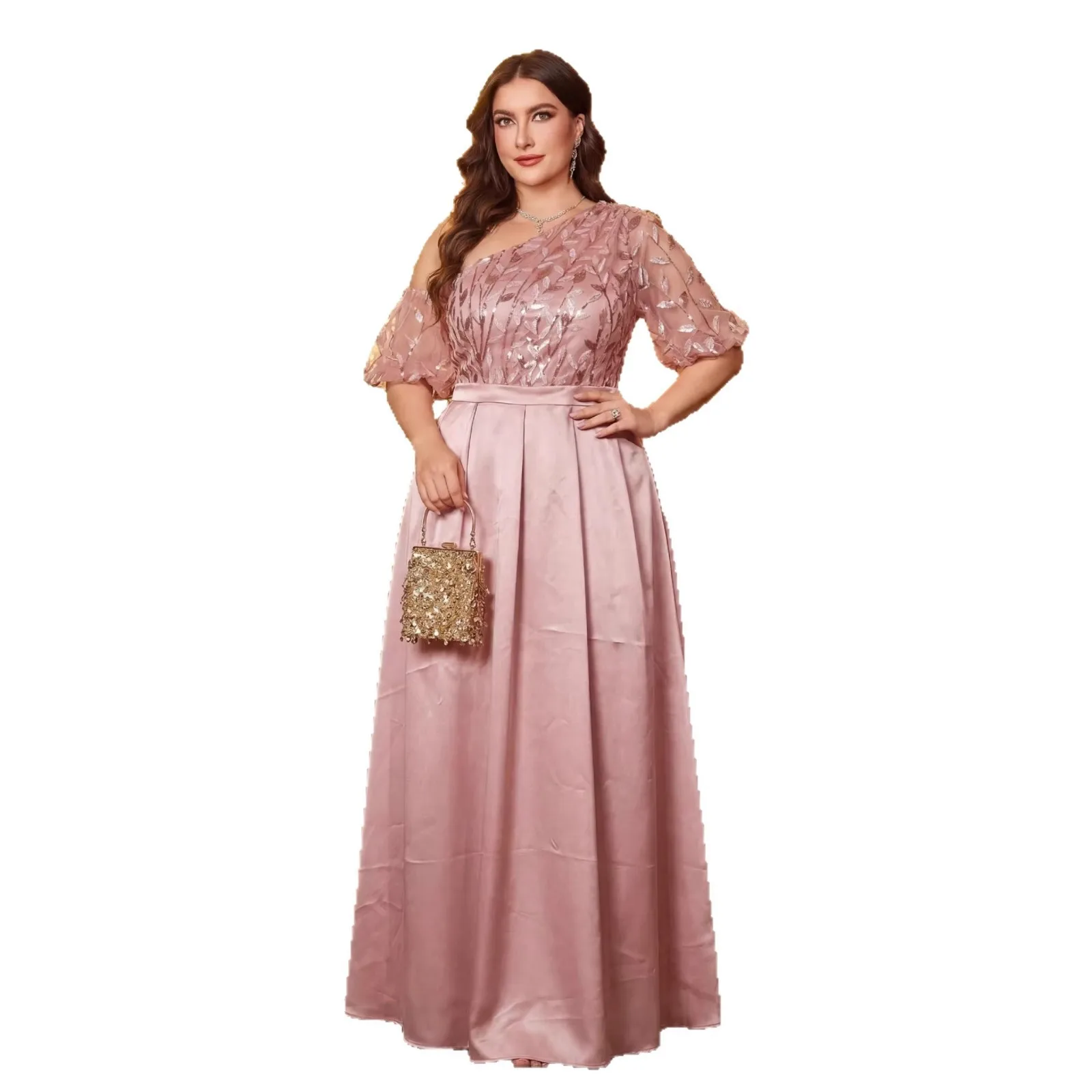 Gaun Maxi Satin Berpayet Daun Asimetris Satu Bahu Warna Merah Muda Ukuran Besar dengan Lengan Pendek Mengembang dan Pinggang Tinggi Model A-Line untuk Acara Malam